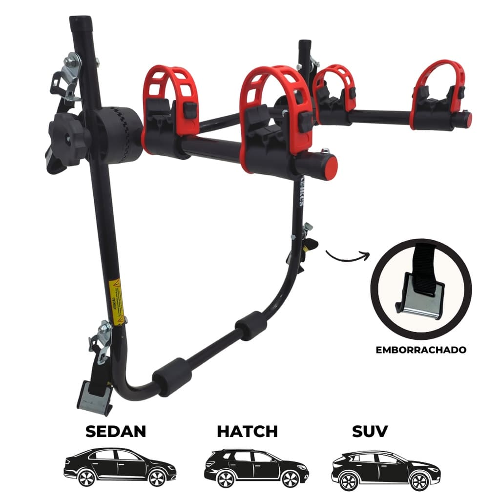 17 - Suporte para bike Transbike 2 bicicletas POP Preto tira Vermelha Sedan Hatch MTB Speed