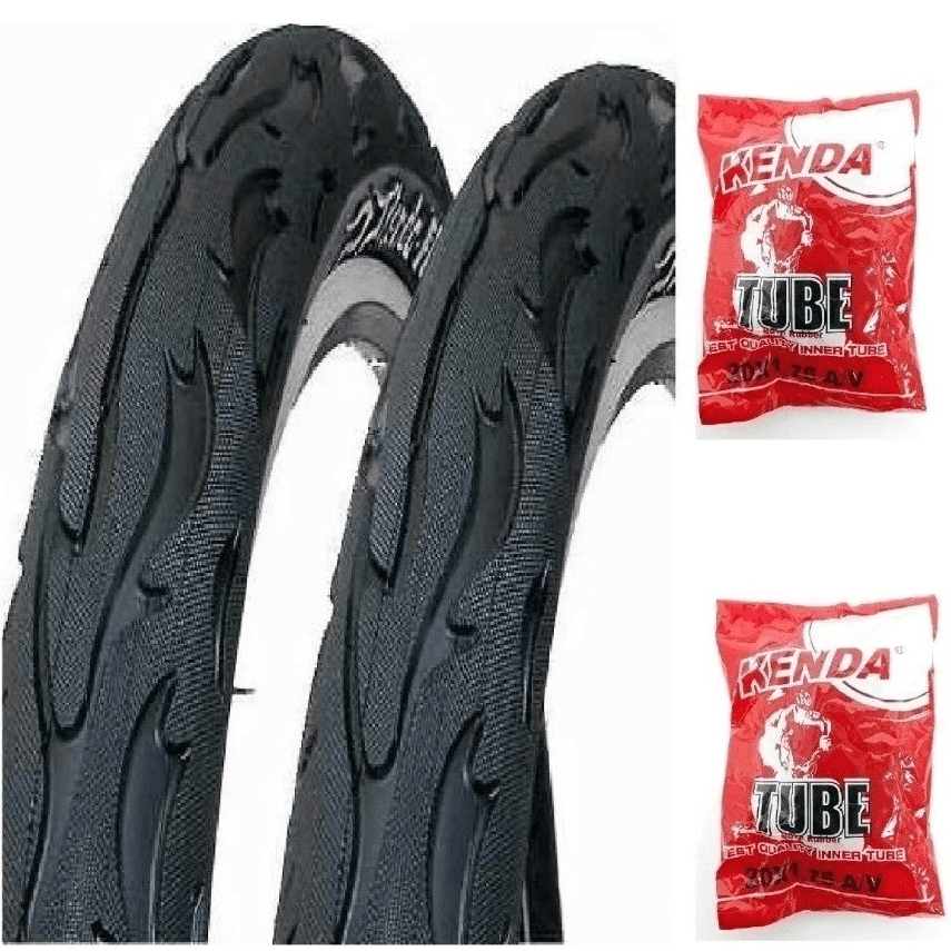Kit Par Pneu 26x2.125 Balão Kenda Flame Fogo Preto Bicicleta Bike Mobilete + 2 Câmaras de Ar Kenda