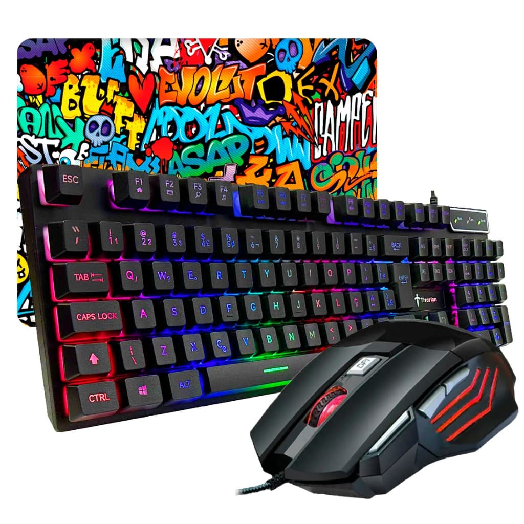 Kit Gamer Teclado Semi-mecânico + Mouse RGB 3200 Dpi + Mouse Pad Preto Led RGB com Fio PC Notebook