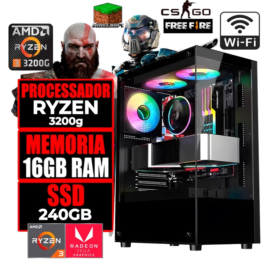 PC Gamer Ryzen 3200g 8GB SSD Fonte Bivolt Wifi Nota Fiscal Promo