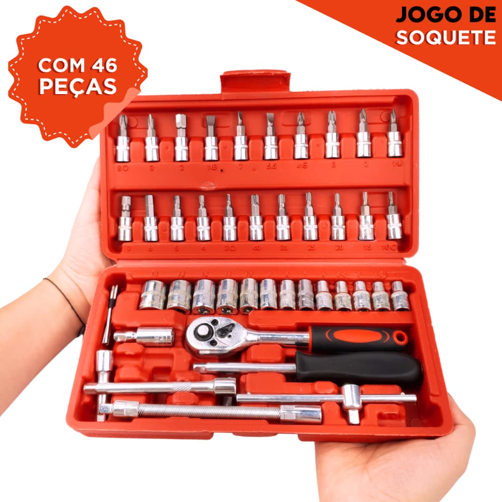 Kit Ferramentas 46 Peças Jogo Soquete Catraca Reversível Chave Allen Maleta Automotivo Profissional
