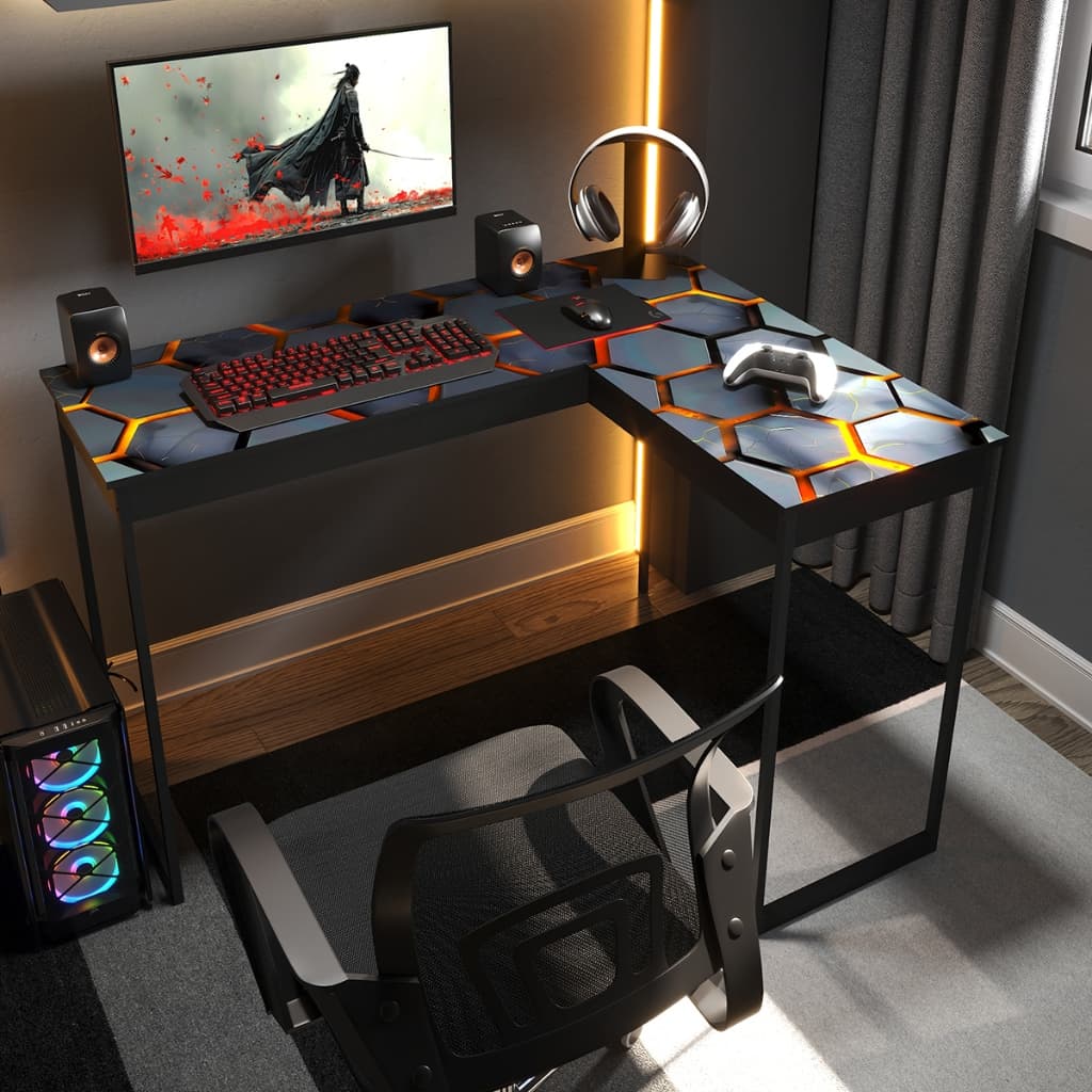 Mesa Gamer em L de Canto 110cm Escrivaninha Escritório Home Office Tampo Octogonal Industrial Pier