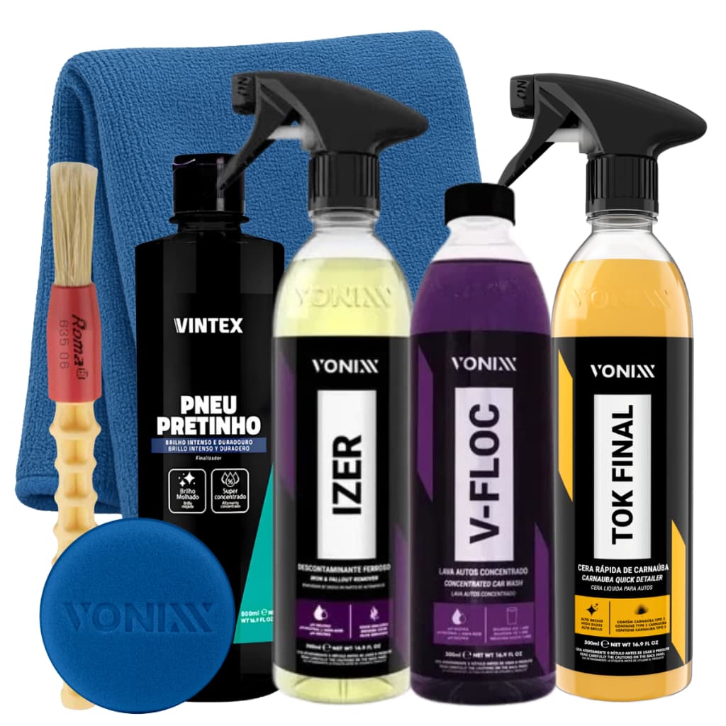 KIT IZER DESCONTAMINANTE FERROSO SHAMPOO V-FLOC CERA TOK FINAL VONIXX PNEU PRETINHO VINTEX