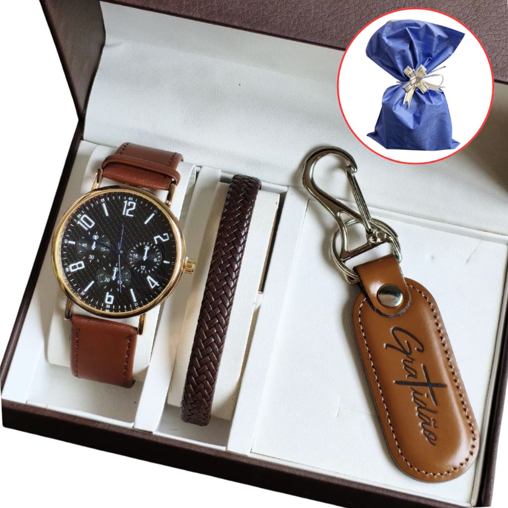 Relógio Masculino Minimalista Couro Elegante + Pulseira De Couro - Presente Homens , dias dos Pais , Natal, namorado