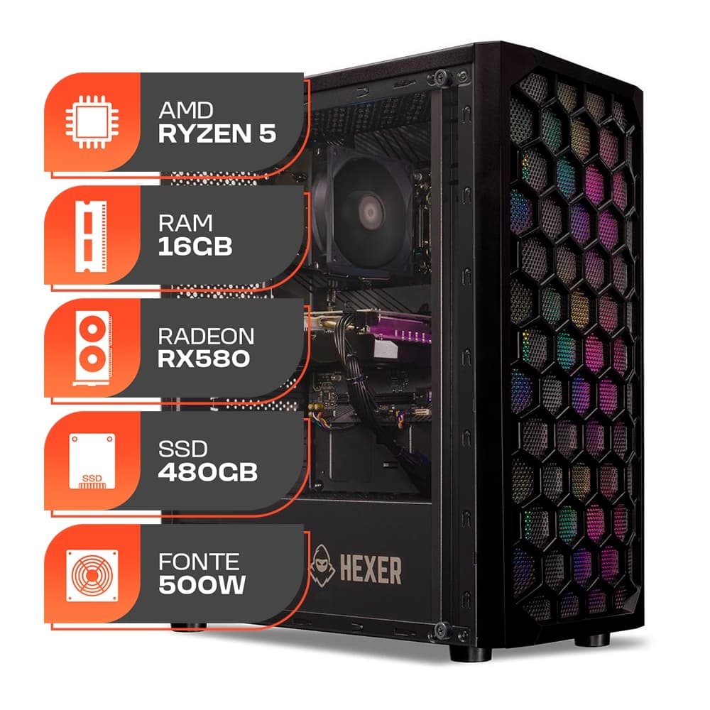PC Gamer Forge, AMD Ryzen 5 5500, Radeon RX 580 8GB, 16GB DDR4, SSD 480GB, Fonte 500W 80 Plus