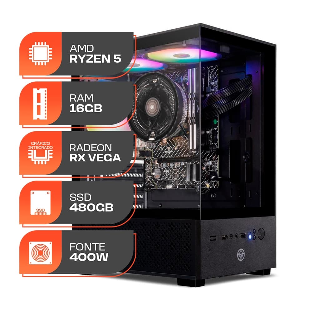 PC Gamer Forge, AMD Ryzen 5 3400G, 16GB DDR4, SSD 480GB, Fonte 400W 80 Plus