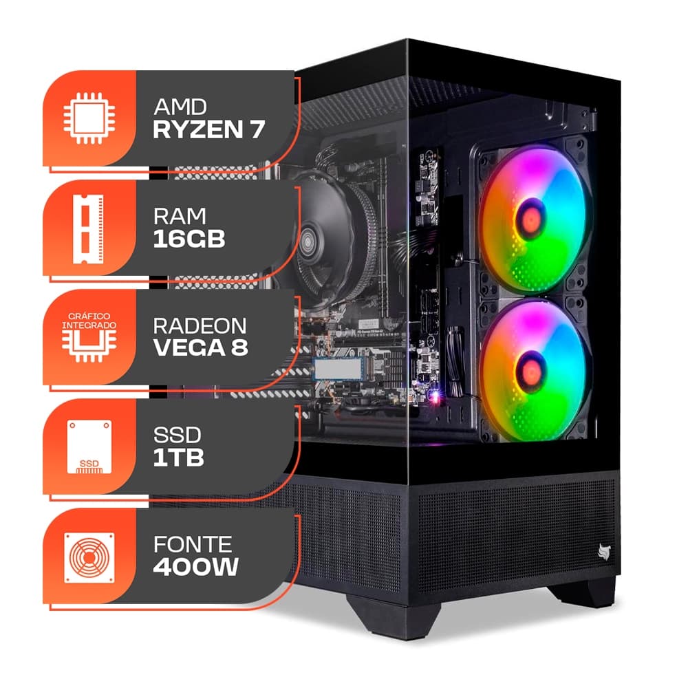 PC Gamer Forge, AMD Ryzen 7 5700G, 16GB DDR4, SSD 1TB, Fonte 400W 80 Plus