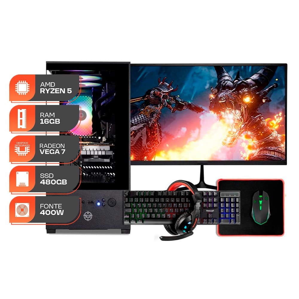 PC Gamer Forge, AMD RYZEN 5 5600GT, 16GB DDR4, SSD 480GB, 400W 80 Plus, Completo com Monitor 21 e Periféricos