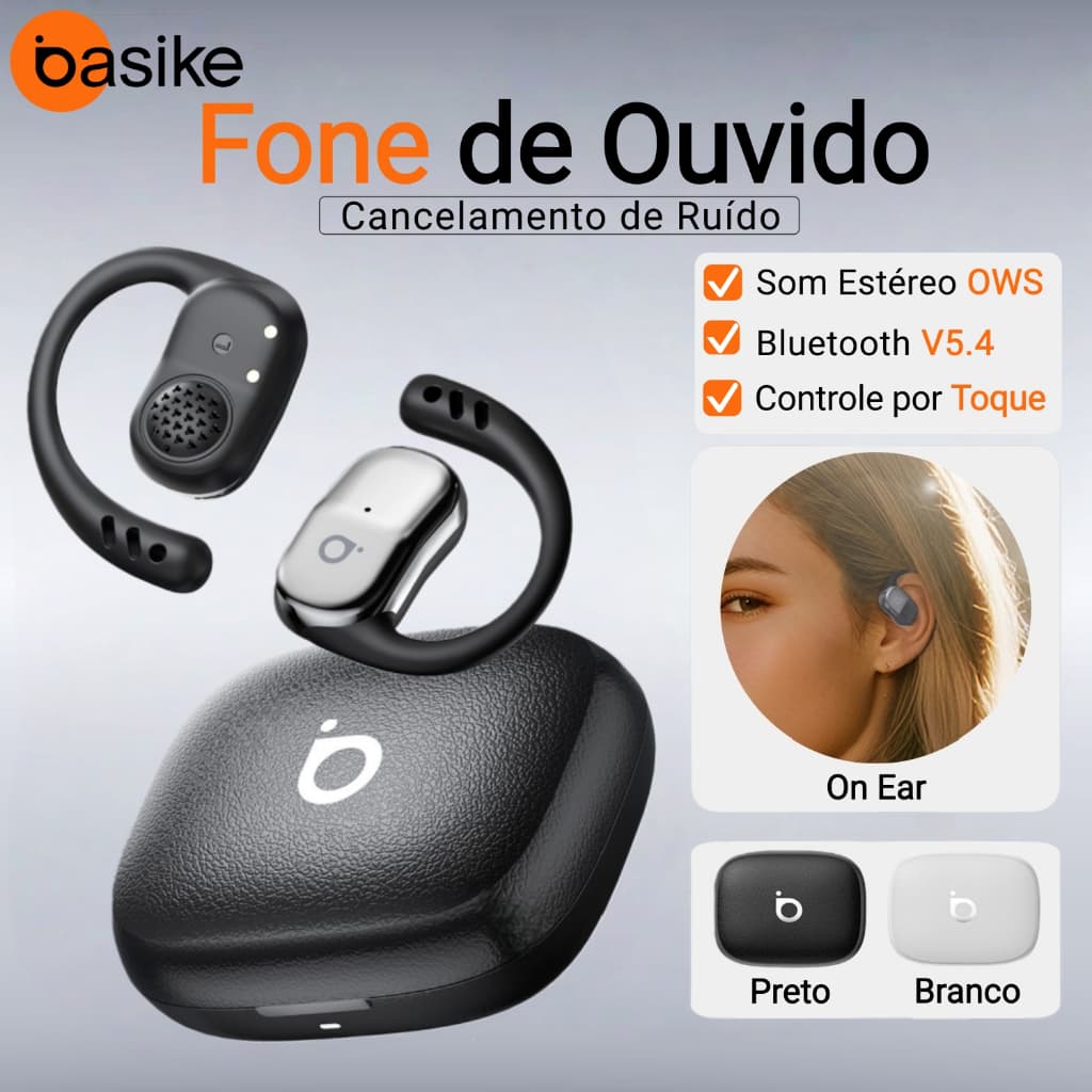Basike Fone OWS Aberto Sem Fio Controle Tátil Cancelamento de Ruído Som Estéreo Para Esporte