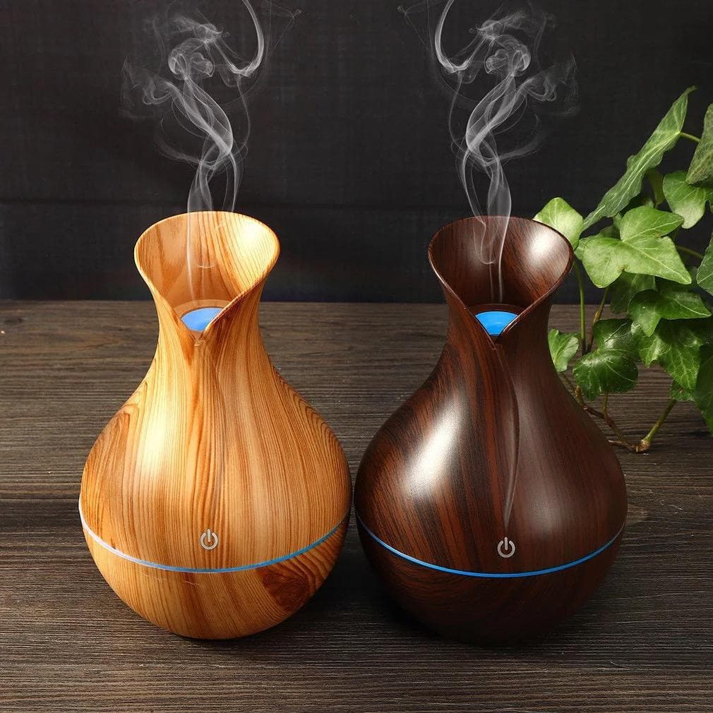 Umidificador Design de Vaso Aromatizador Silencioso textura de Madeira Recarregável com LED