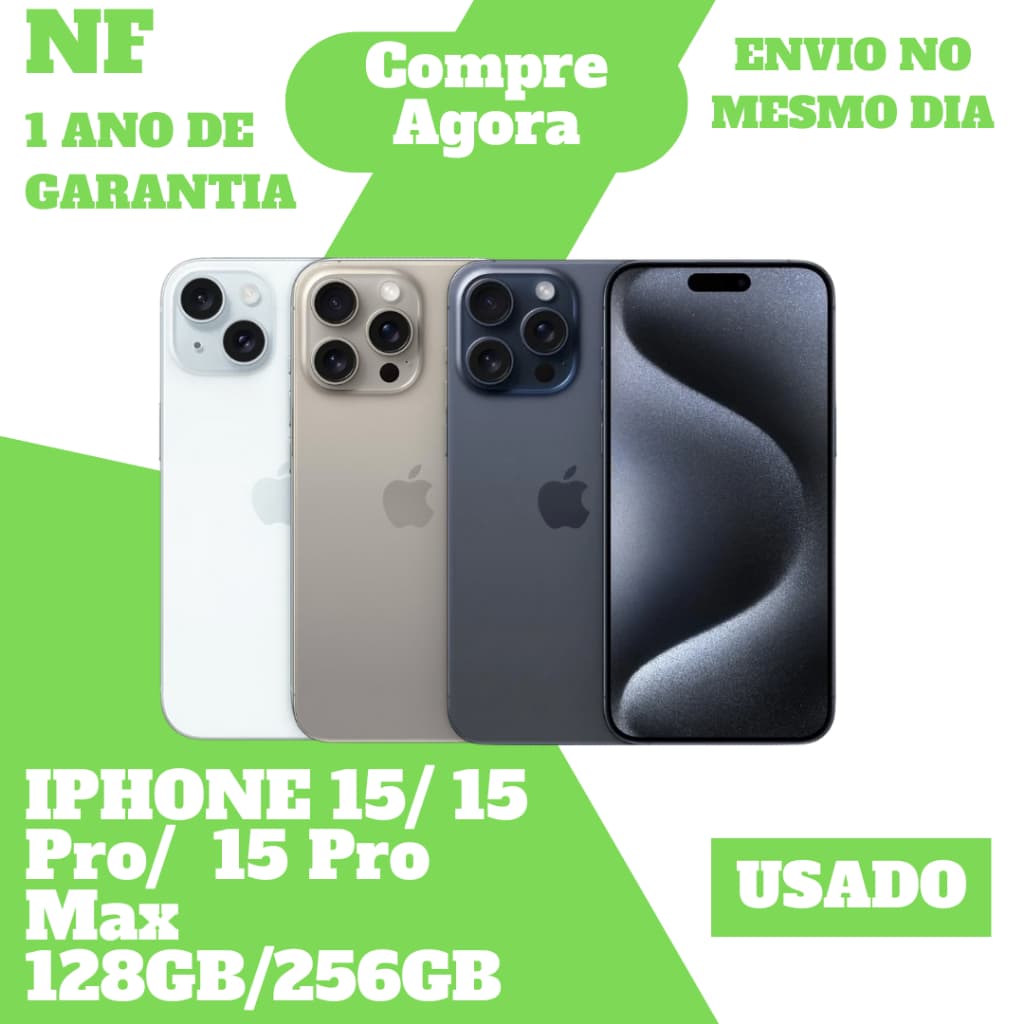 Usado: Apple iPhone 15 15 Pro 15 Pro Max 128GB 256GB 512GB 1TB Desbloqueado 1 Ano de Garantia