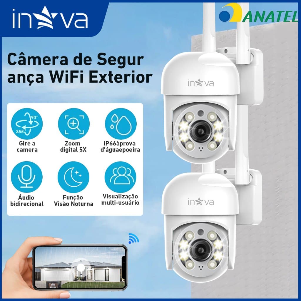 INOVA Câmera segurança Prova D'água IP66 360° Visão Noturna Infravermelho 1080P Zoom