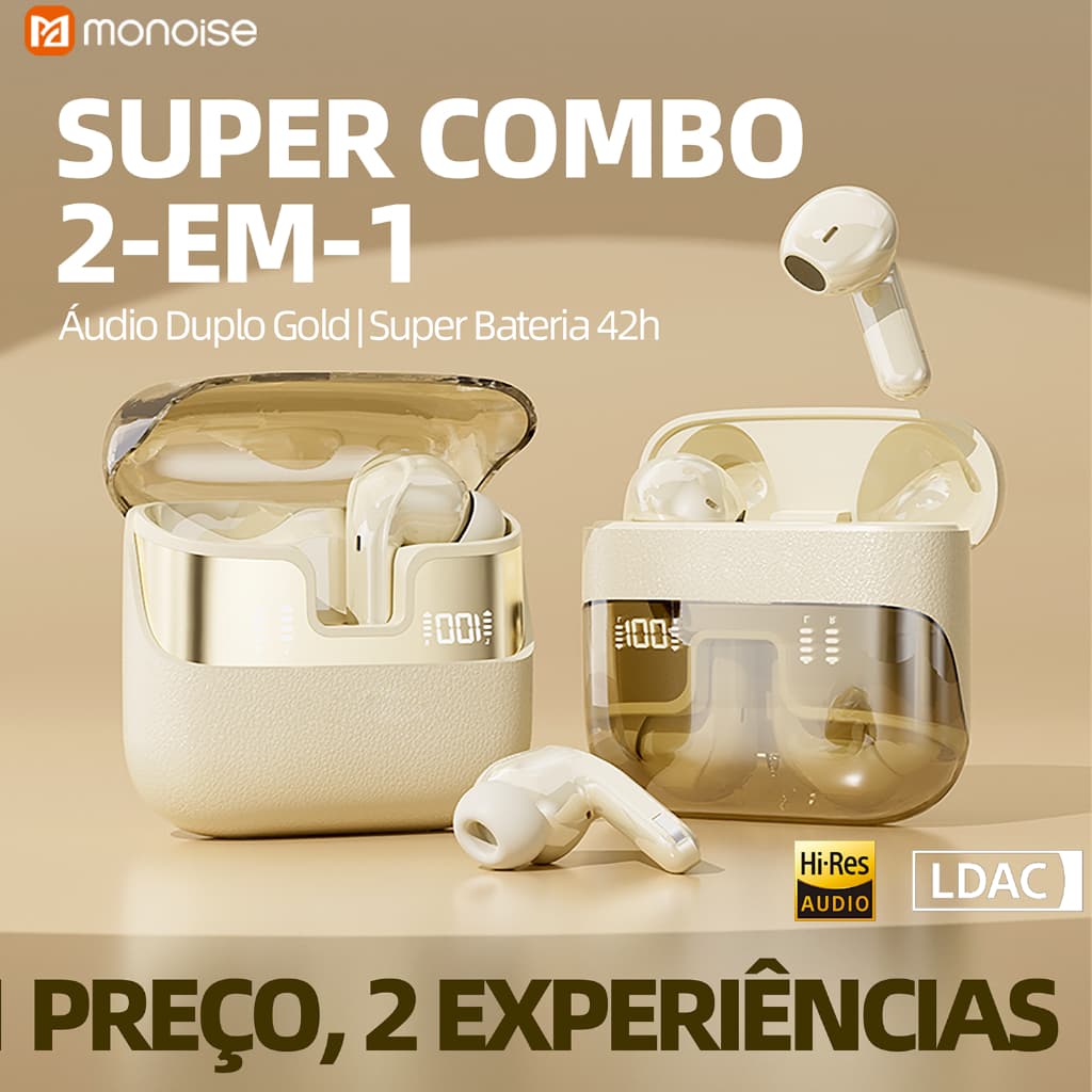 monoise Fone de Ouvido Bluetooth Sem Fio 2 em 1 para Casal, Bateria de Longa Duração, Cancelamento de Ruído ENC IPX4