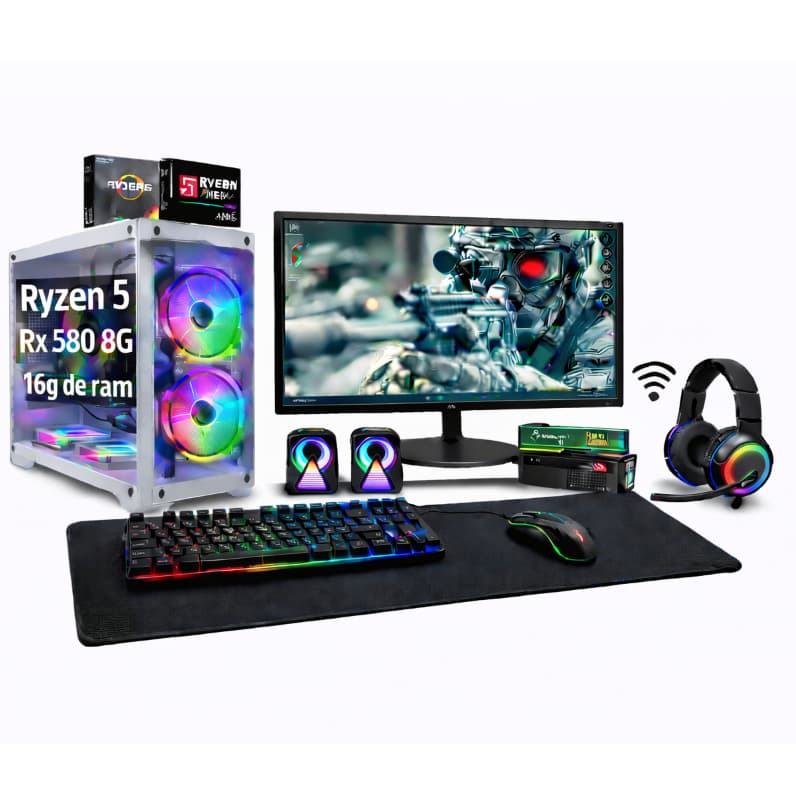 PC Gamer Completo Ryzen 5 | RX 580 8GB GDDR5 | 16GB RAM | SSD 240GB  +HD 500+  Antena USB Wi-Fi  Pronto para Jogar