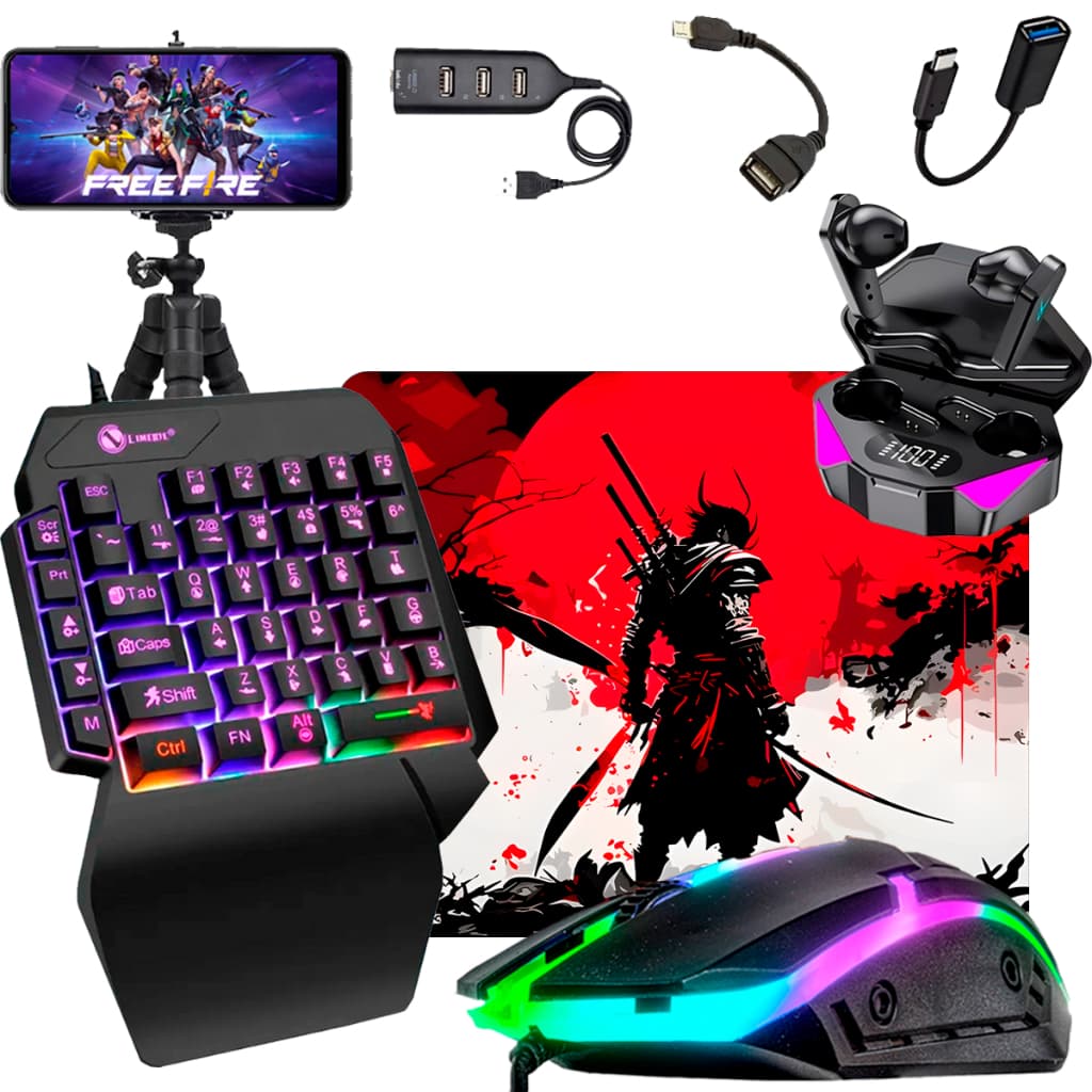 Kit Mobilador Teclado de Uma Mão + Fone De Ouvido Gamer Bluetooth + Mouse Led 7 cores