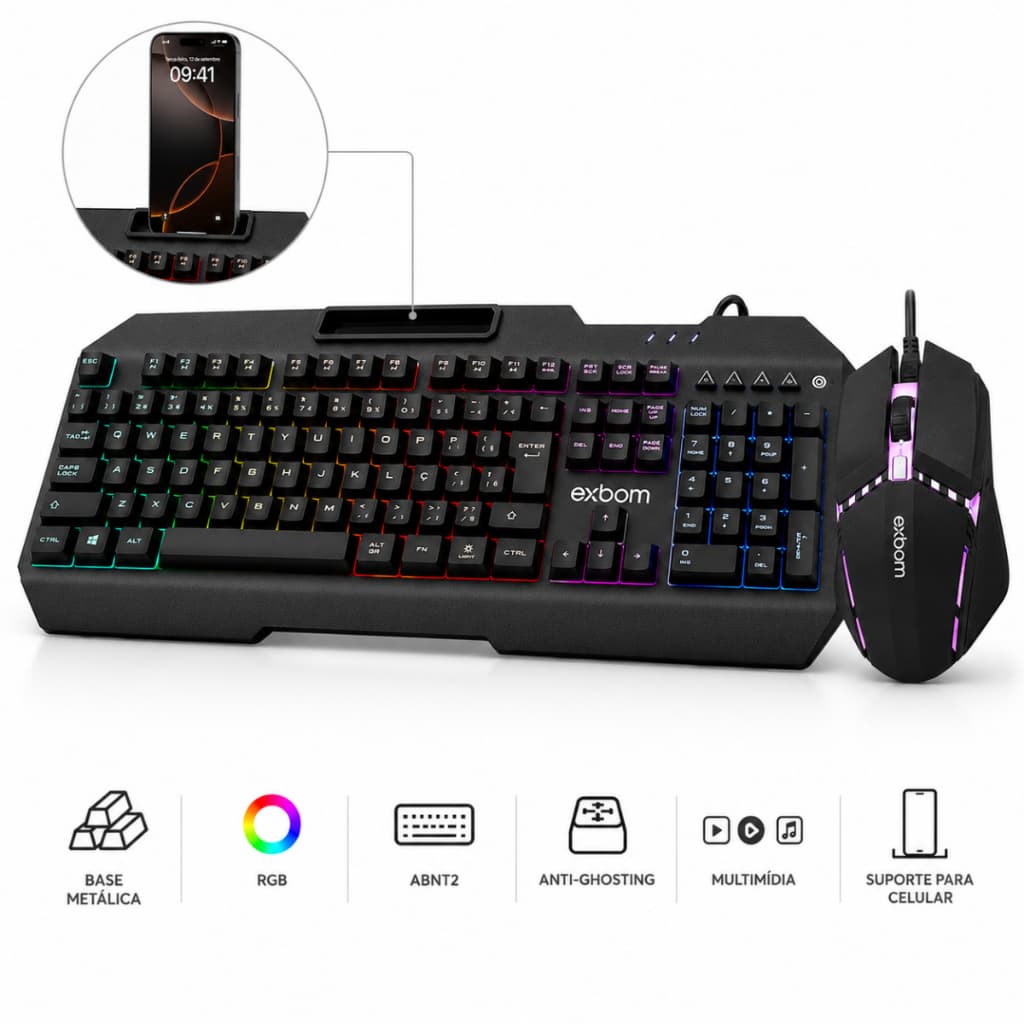 Teclado Gamer Base Metálica Multimídia Suporte para Celular Combo Mouse RGB com fio Exbom Premium Kit BKG800