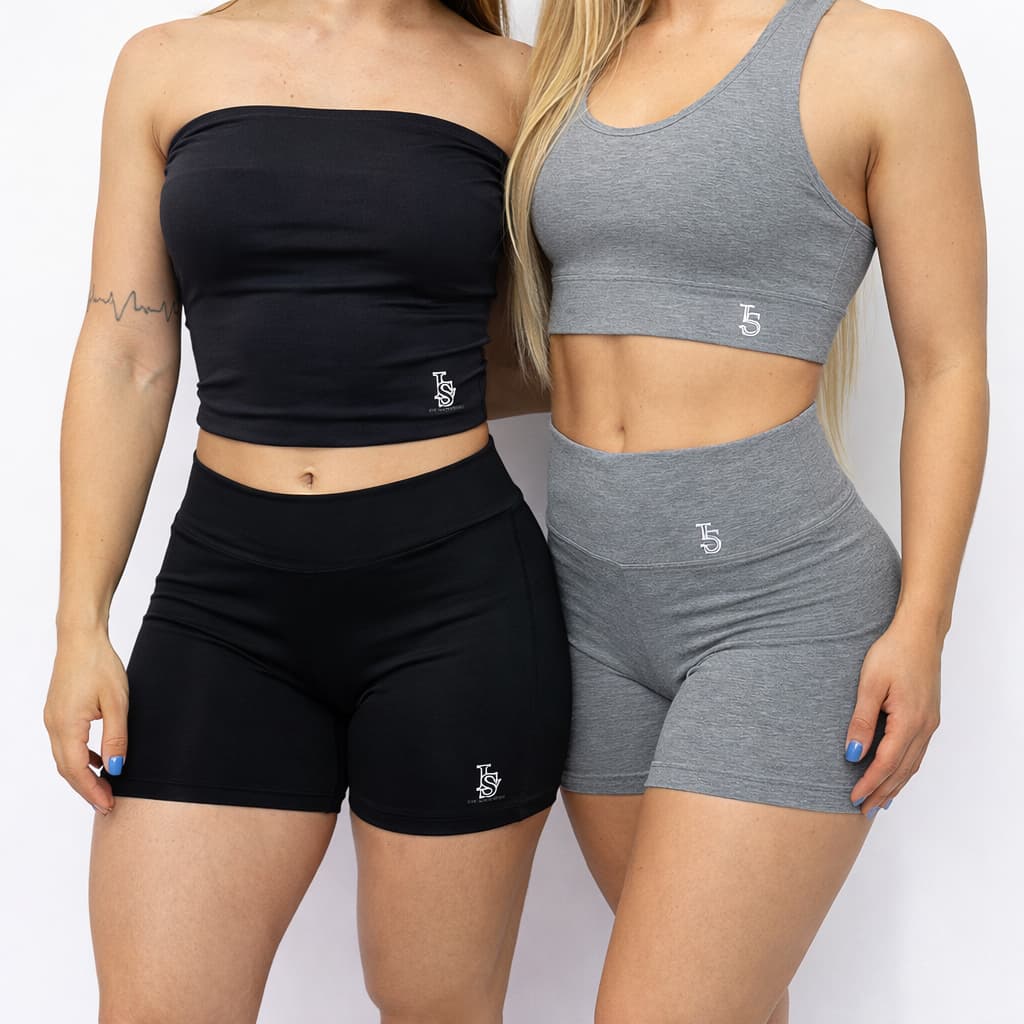 Conjunto Suplex Feminino Top e Short Cintura Alta - Cinza e Preto Treino e Academia