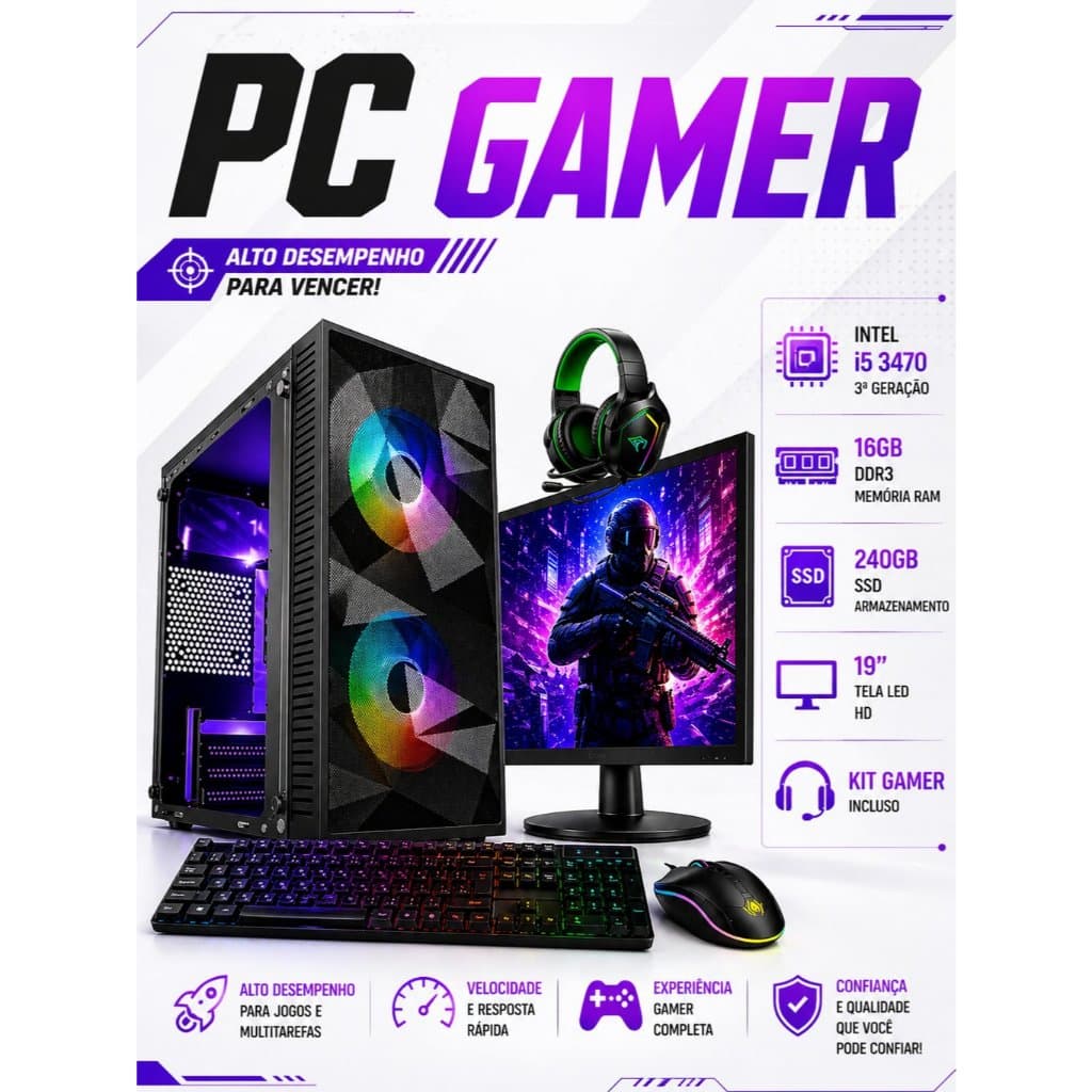 PC GAMER INTEL I5 3470-16GB DDR3 - SSD 240GB - MONITOR 19'' - KIT GAMER: TECLADO, MOUSE E HEADSET