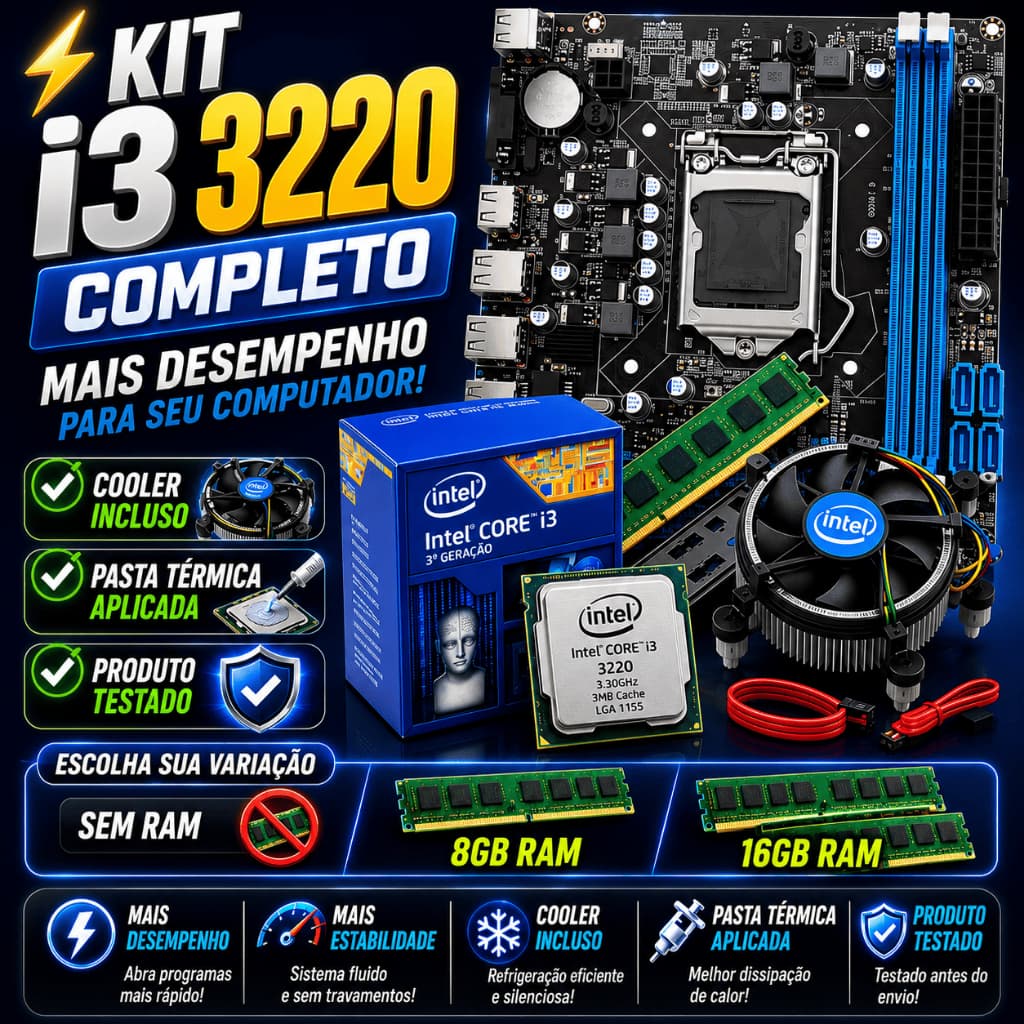 KIT i3 3220 COMPLETO 🔥 Placa Mãe + Cooler + RAM Opcional