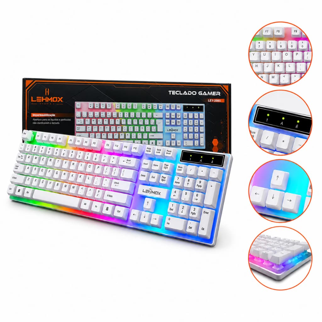 Teclado Gamer Branco com fio USB e Iluminação RGB Original Lehmox