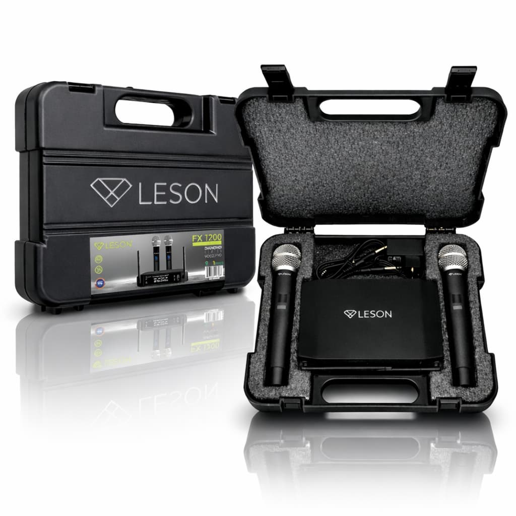 Microfone Sem Fio Duplo Leson Fx1200 Dinâmico Digital Igreja Profissional Uhf Com Maleta