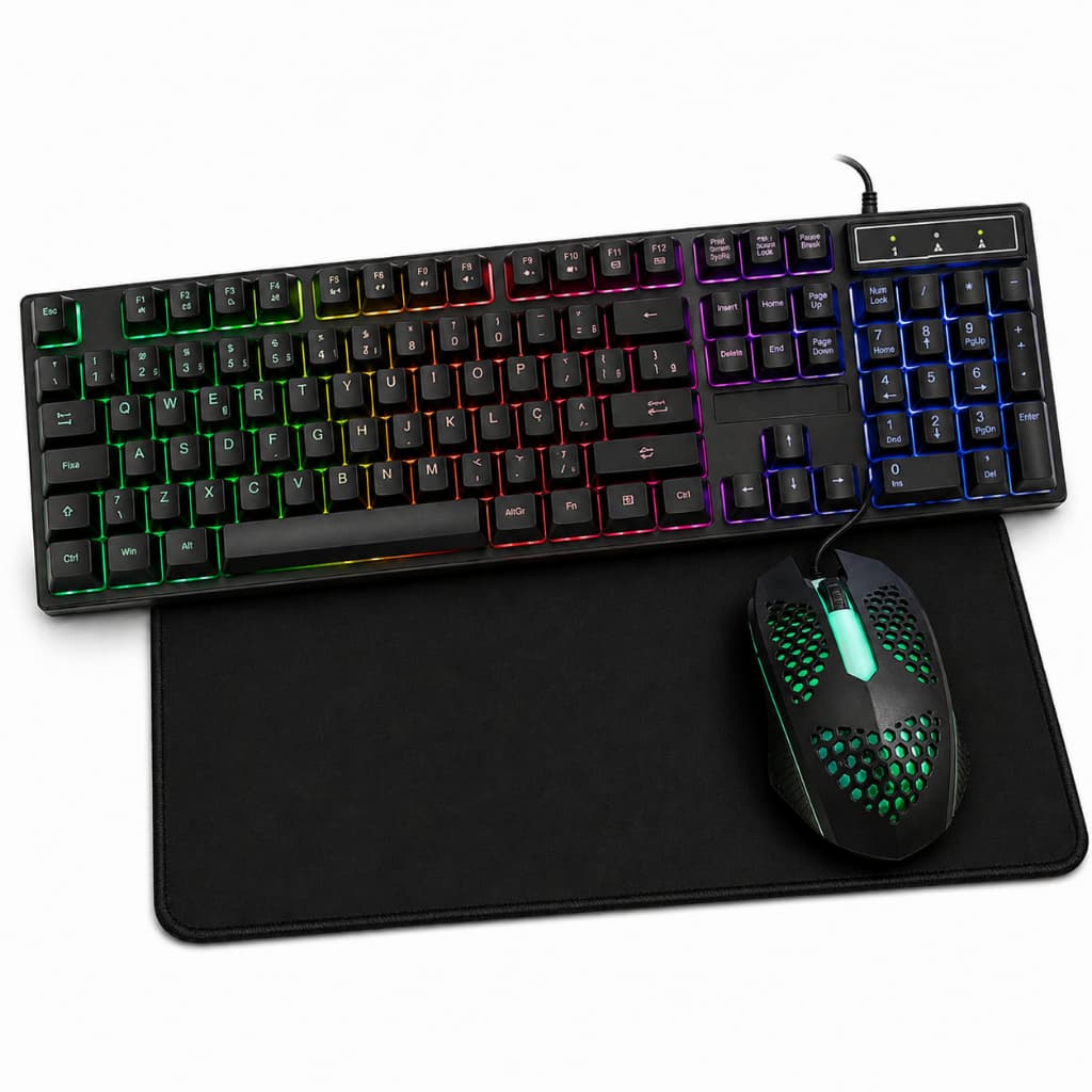 Kit Gamer Teclado e Mouse Com Fio Led RGB Mouse Pad Barato semi mecanico