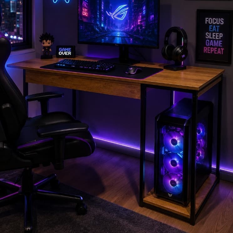 Mesa Gamer Escrivaninha Mesa Para Computador Home Office E Estudos Com Suporte Para CPU E Prateleira Lateral