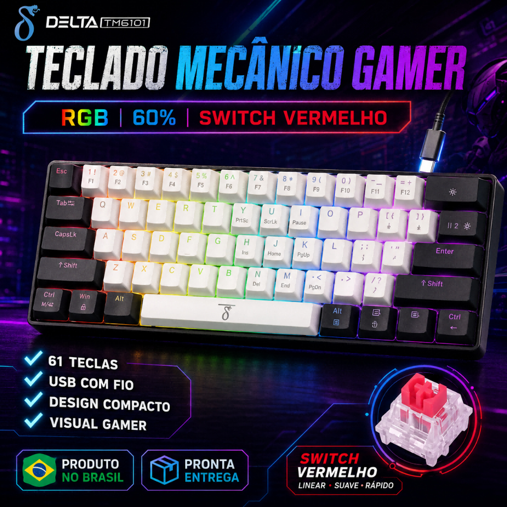 Teclado Mecânico Gamer AITEK Delta TM6101 RGB 60% ABNT2 61 Teclas Switch Vermelho USB