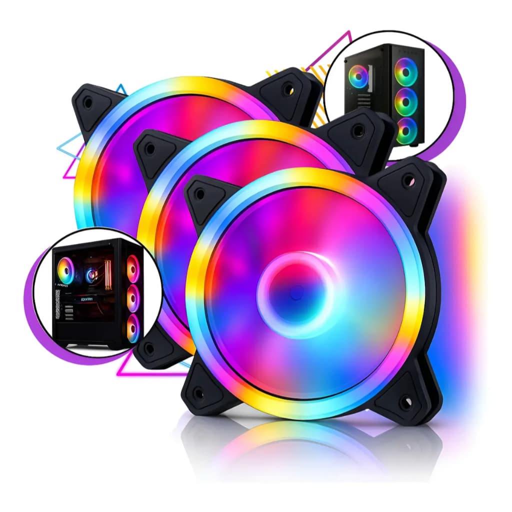 Kit 3 Ventoinha RGB para Gabinete PC Gamer 120mm Efeito Rainbow 50000 Horas com Todas as Placas Mãe
