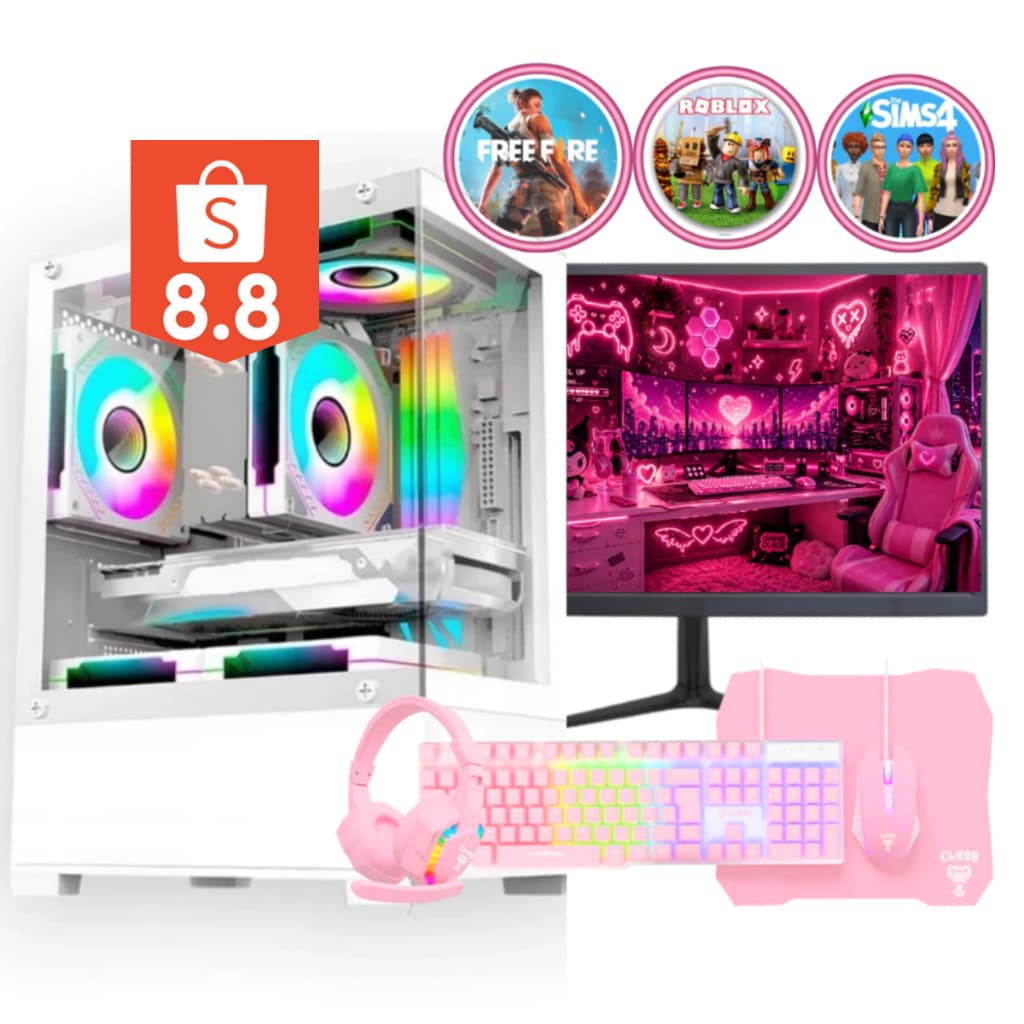 Computador Gamer Completo Branco e Rosa Teclado Mouse Fone de ouvido Roblox Free fire