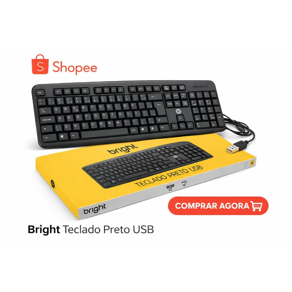 Teclado USB Bright Preto ABNT2 Completo com Numérico Plug and Play PC Notebook