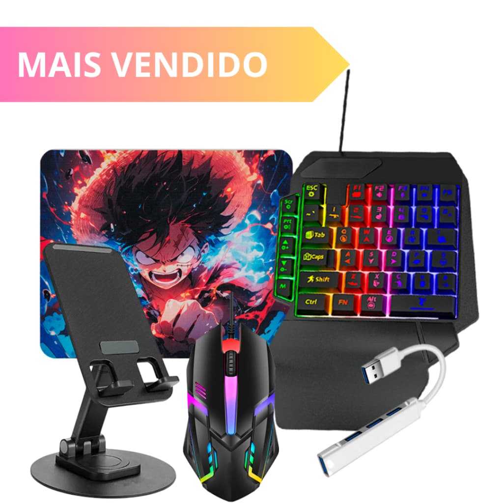 Kit Gamer Celular Teclado RGB Uma Mão + Mouse 1600DPI + Hub + Pad
