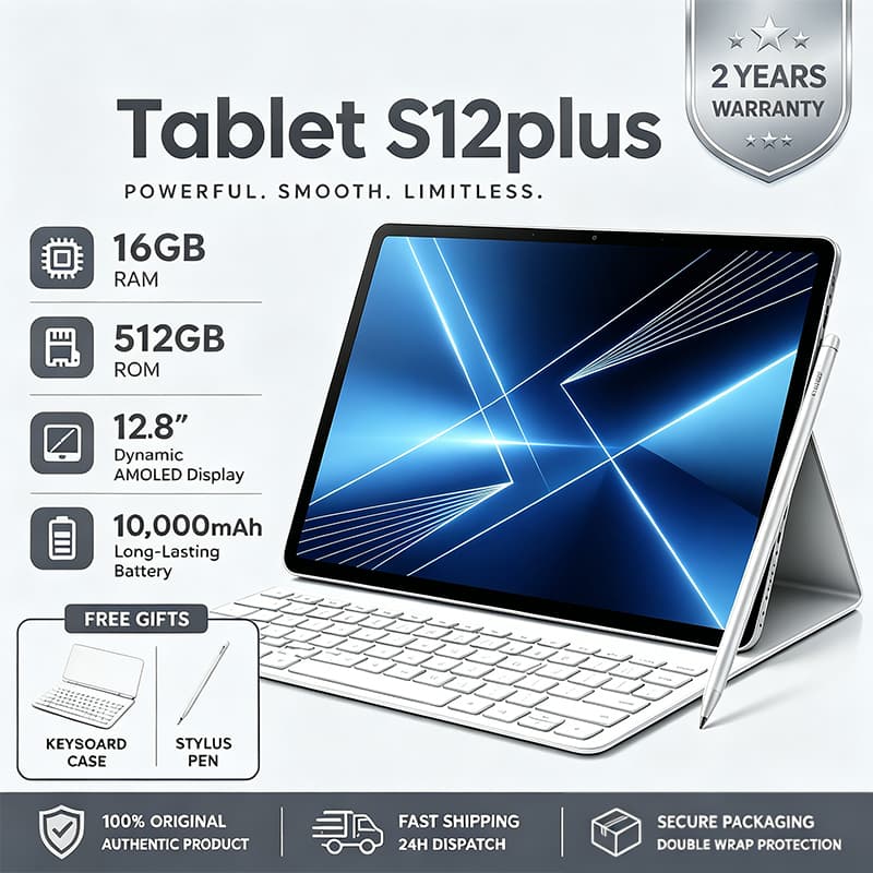 Tablet S12 Plus Combo com Teclado e Mouse -12.8"inch 16GB+512GB Android 15 com10000mAh Ideal para Estudos e Jogos