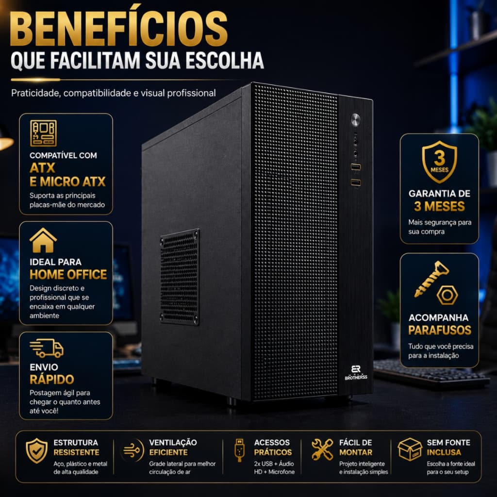 Gabinete Home Office Desktop Para Placa Micro Atx e ATX Compacto Preto