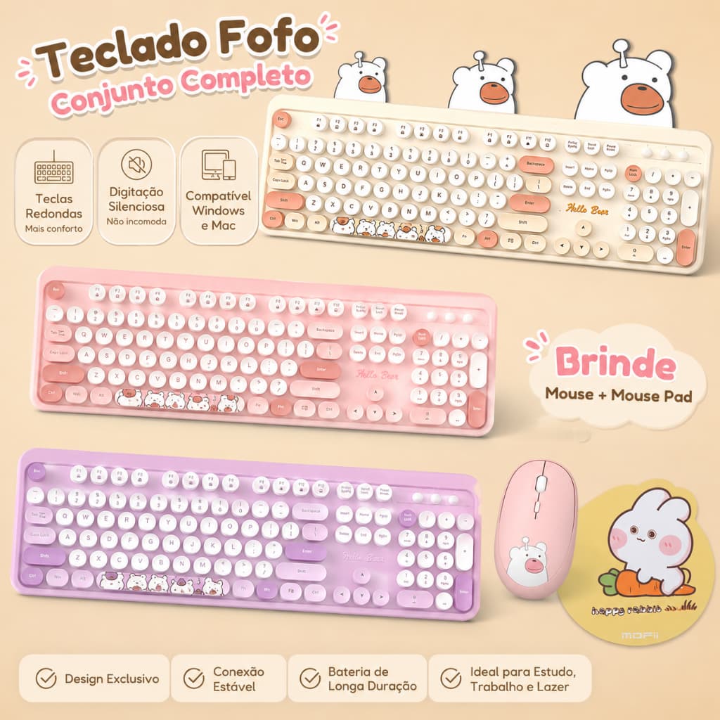 Kit Teclado e Mouse Sem Fio Silenciosos, Teclas Redondas, para Escritório e Jogos, Mouse Pad Grátis