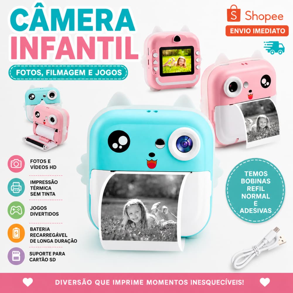 Câmera De Impressão Instantânea Para Crianças Vídeo Fotografia Digital Fotográfica Infantil Mini Impressora Térmica