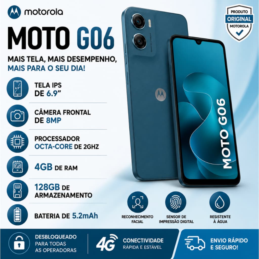 Moto G06 128GB e 64GB 4GB RAM Tela 6.9" Câmera 50MP Bateria 5200mAh 4G Motorola