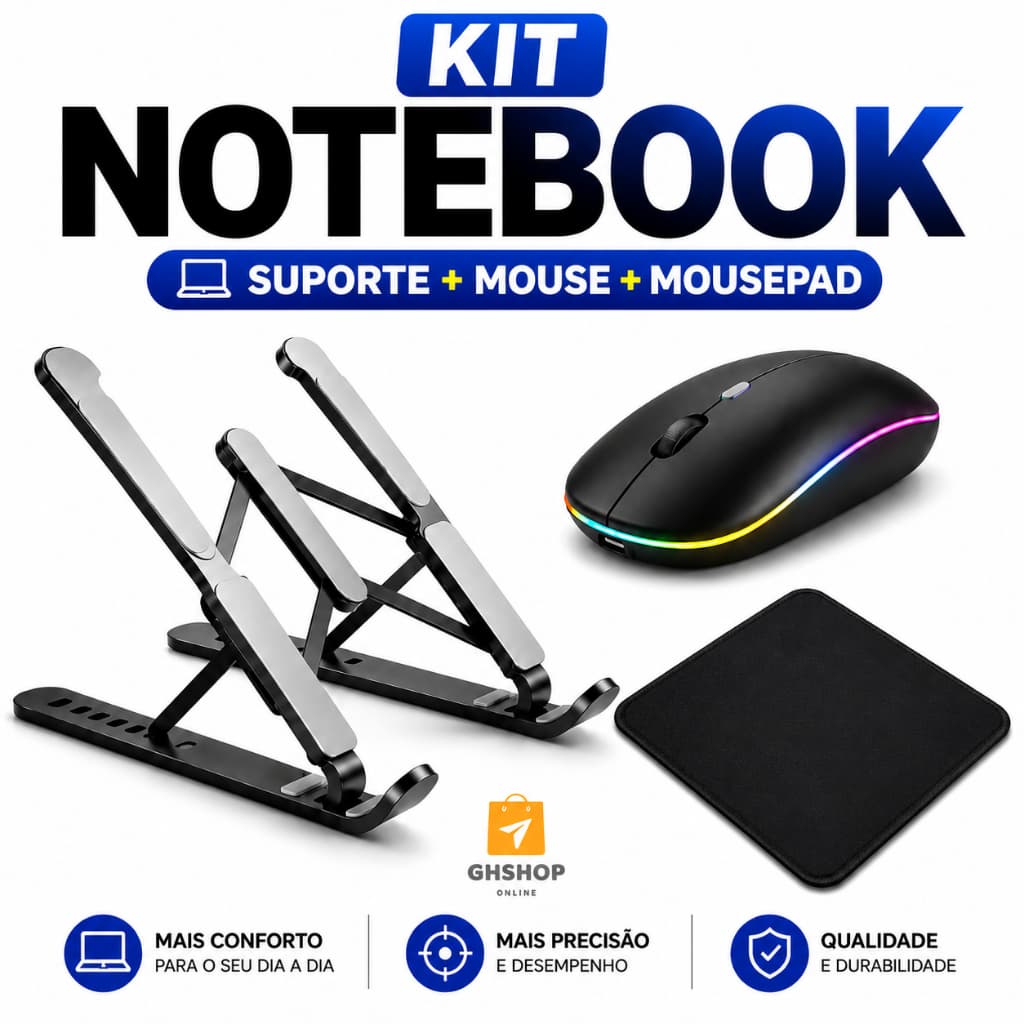 Kit Suporte de Notebook+Mouse Sem Fio+Mouse Pad