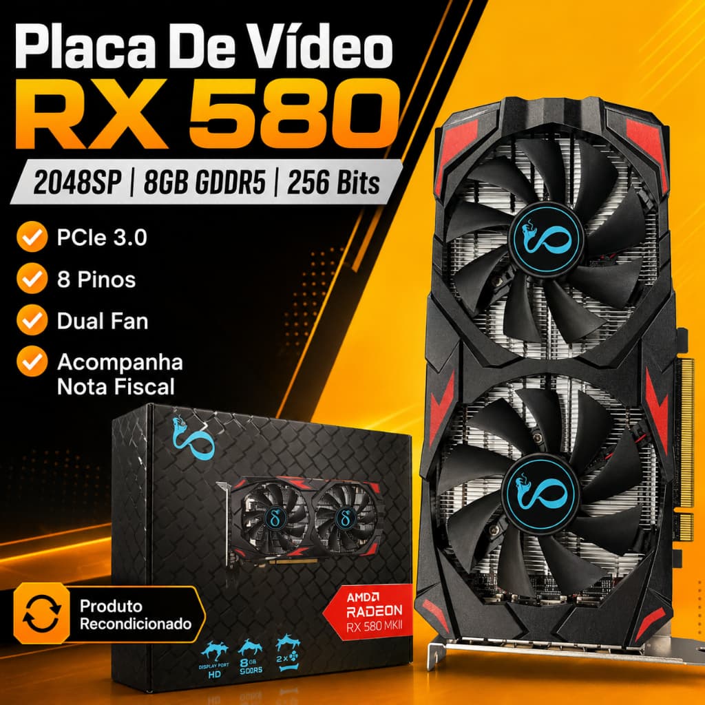 Placa De Vídeo AITEK RX 580 2048SP 8GB GDDR5 256 Bits PCIe 3.0 8 Pinos
