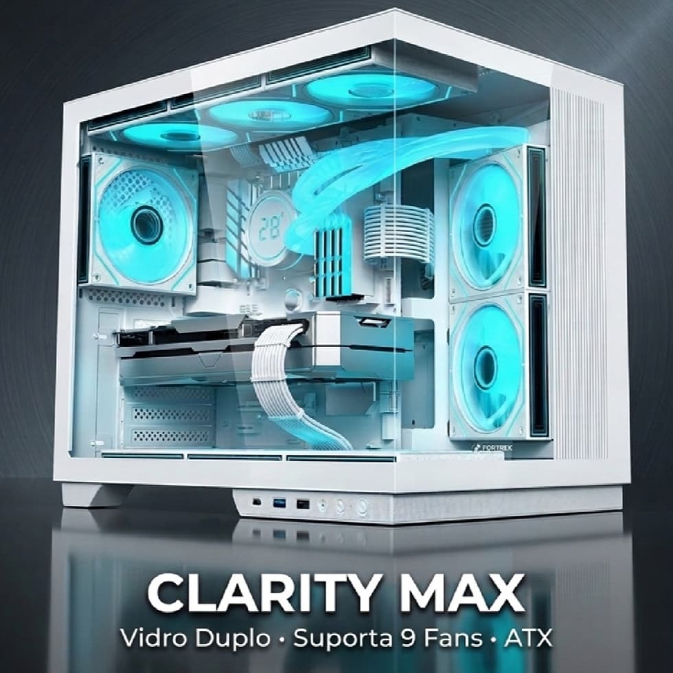 Gabinete Fortrek Clarity Max Branco Gamer ATX Mid Tower Vidro Duplo Temperado USB C Suporta 9Coolers