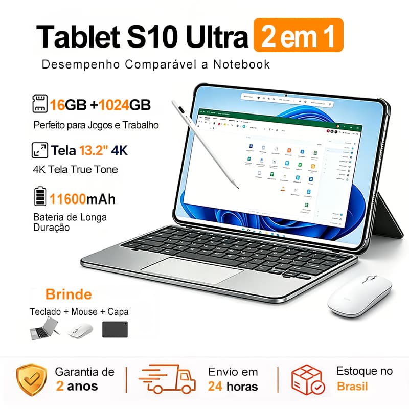 Tablet Mate S10 Ultra 2 em 1 | Tela 13.2" IPS 120Hz | 16GB RAM + 1TB | 5G Dual Chip | Bateria 11600mAh