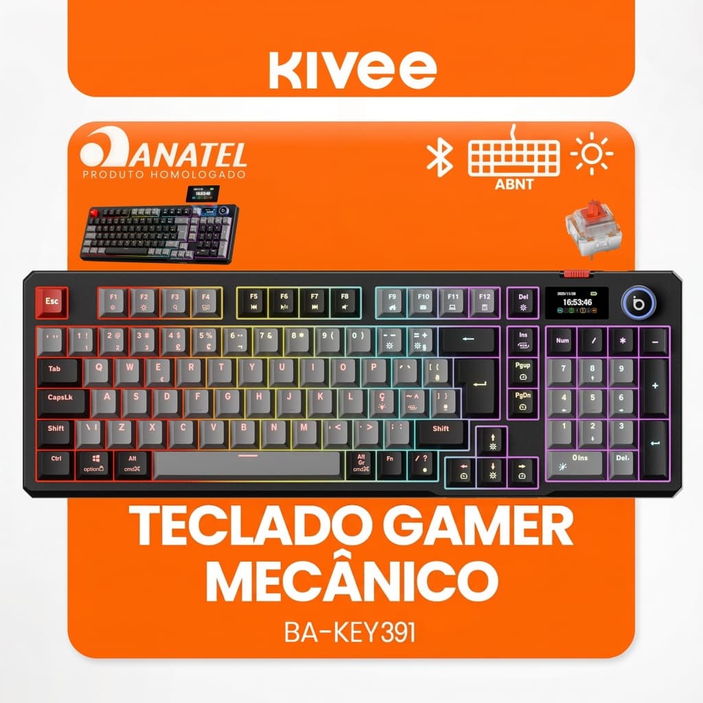 Kivee X Basike Mechanical Keyboard Triple Mode Switch Vermelho  With digital Display Software programável KEY391