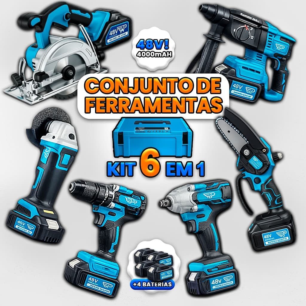 Kit 6 Ferramentas com Furadeira Parafusadeira Martelete Chave de Impacto Esmerilhadeira Serra 48v