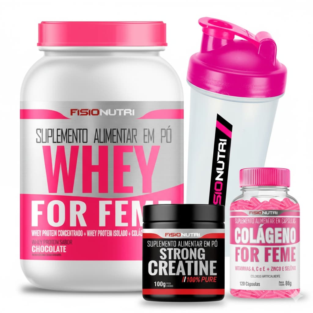 Kit Whey Gourmet Feminino + Colágeno 120 Cápsulas + Creatina 100% Pura 100g + Coqueteleira Fisionutri