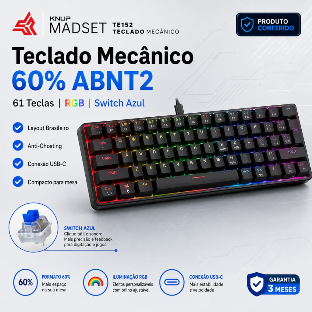 Teclado Mecânico 60% ABNT2 61 Teclas RGB Switch Azul Anti-Ghosting USB-C Compacto