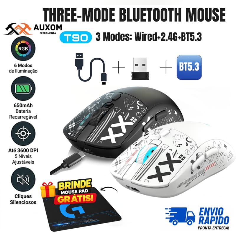 Mouse Gamer Sem Fio Bluetooth RGB Recarregável T90 2.4G USB 3600 DPI Silencioso Ergonômico Com Mouse Pad