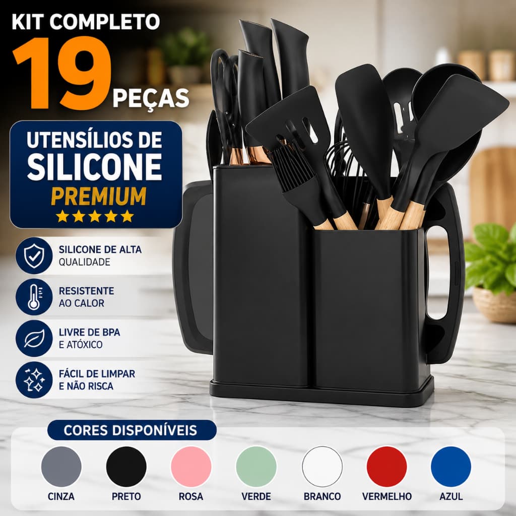 Kit Conjunto 19 Pçs De Utensílios Facas Silicone Cozinha Jogo Completo Batedeira Colher Pegador