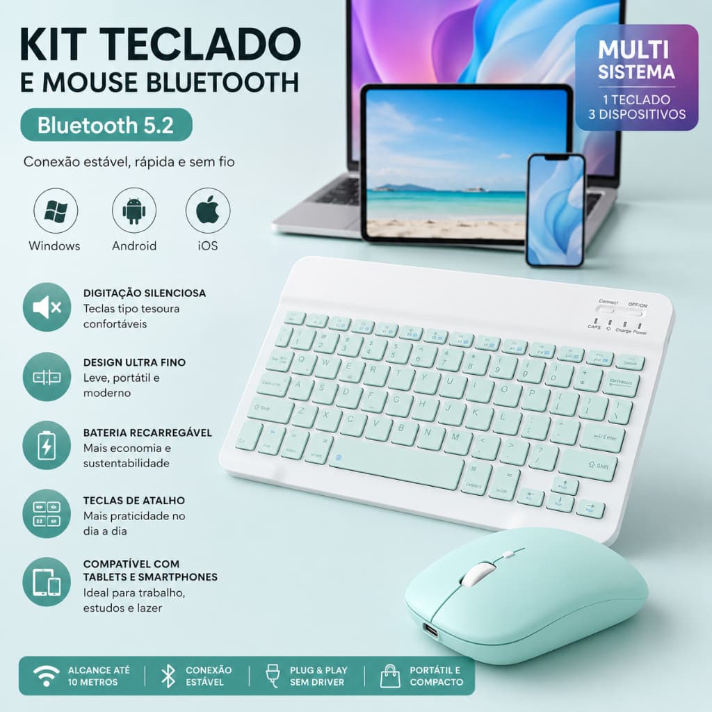 Teclado e Mouse Bluetooth Sem Fio para Tablet, Celular e PC - Compatível com iOS, Android e Windows