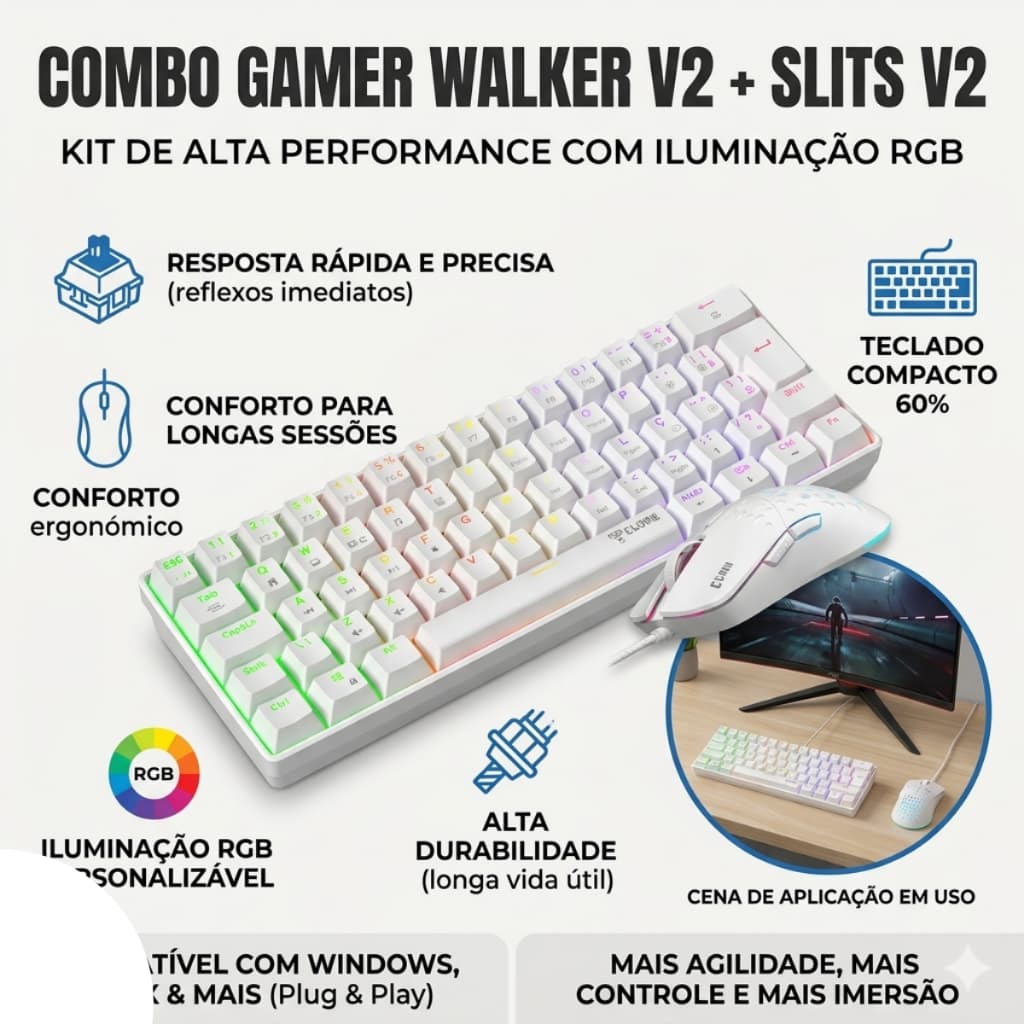 Combo Gamer Teclado Mecânico Reaver Clamm + Mouse Gamer com Fio RGB Branco Premium Resistente