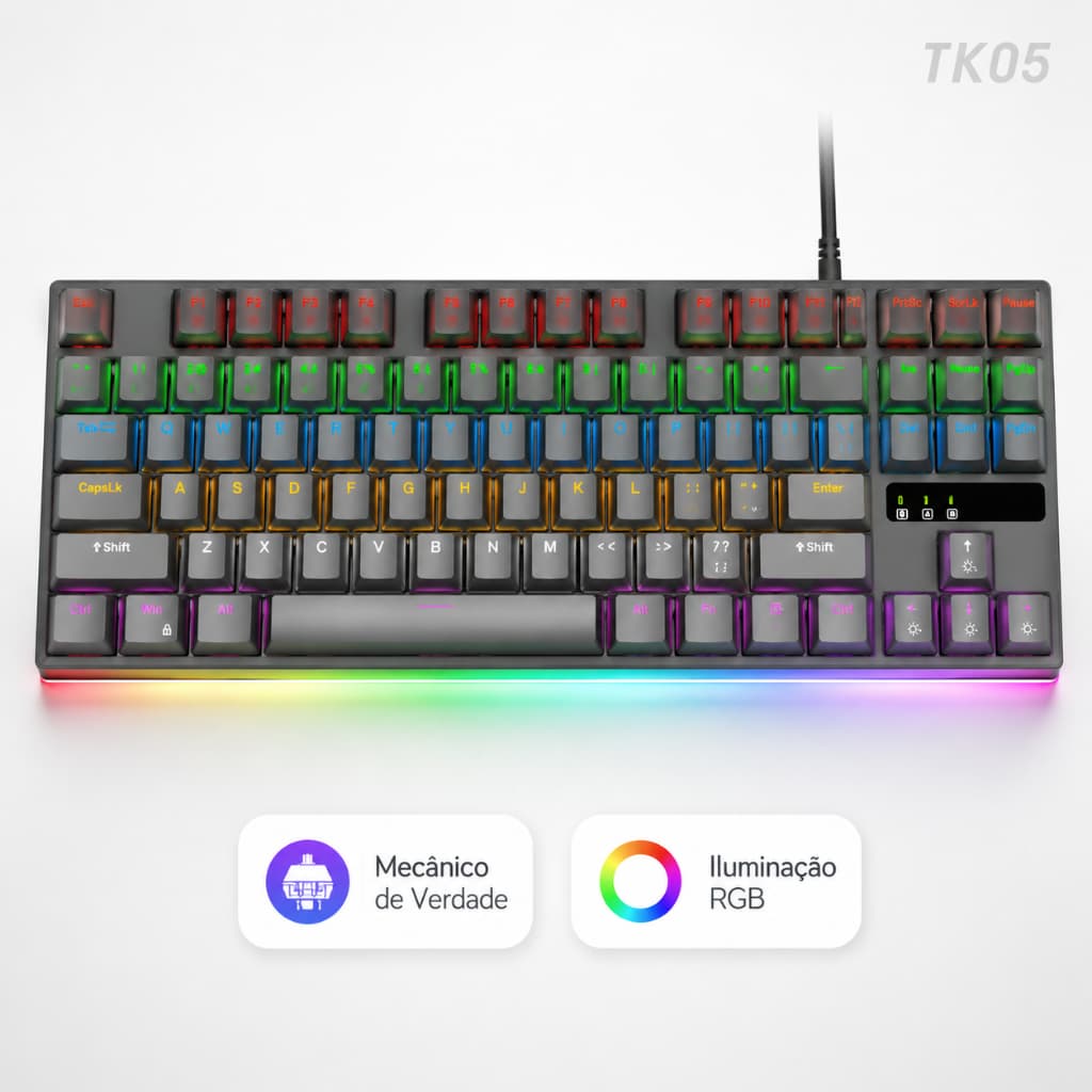 Teclado Mecânico Gamer TK07 Compacto 64 Teclas, RGB, Switch Vermelho, USB + 2.4G + Bluetooth